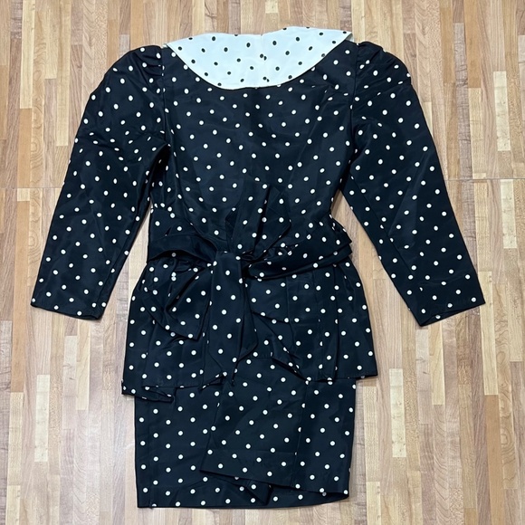 Vintage 80s Jazz Kids Black & White Polka Dot Dress Peplum Bow Puff Sleeve Size - Picture 6 of 12